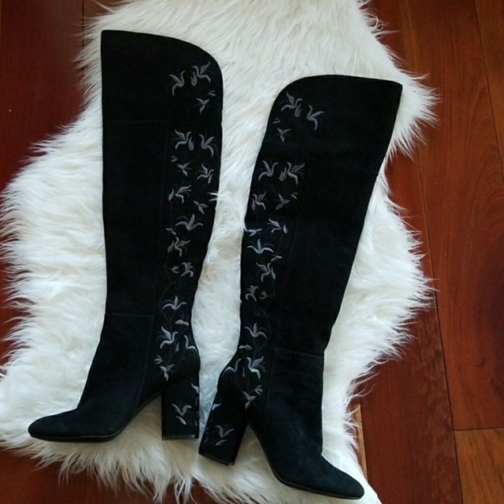 Sexy Knee High Boots Black Flower Embroidery Claire Womens Size 8.5 - Picture 15 of 16
